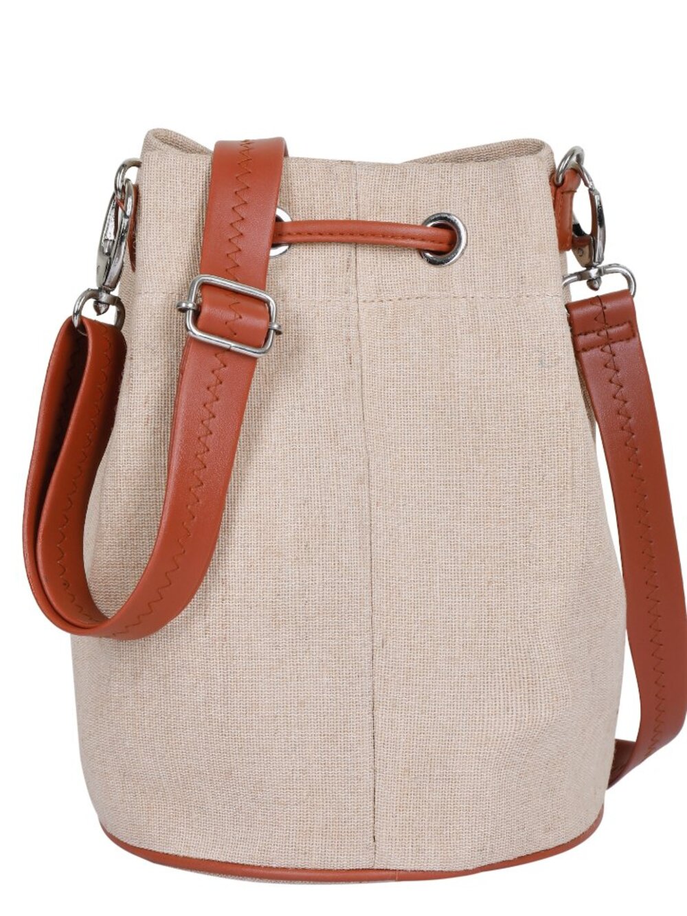 Women’s Handcrafted Fabric Beige Bucket Crossbody Sling Bag, PU Leather Trim